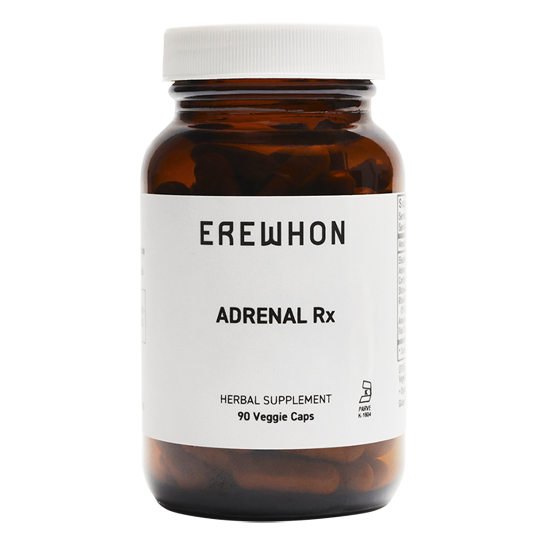 A bottle of Erewhon Adrenal Rx herbal supplement with 90 veggie caps, labeled for supporting natural stress response.