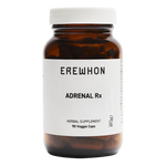 A bottle of Erewhon Adrenal Rx herbal supplement with 90 veggie caps, labeled for supporting natural stress response.