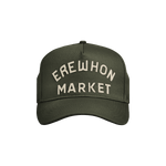 An olive green baseball cap with 'EREWHON MARKET' written in white letters on the front.
