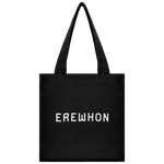 Black Erewhon tote bag with the brand name 'EREWHON' printed in white on the front.