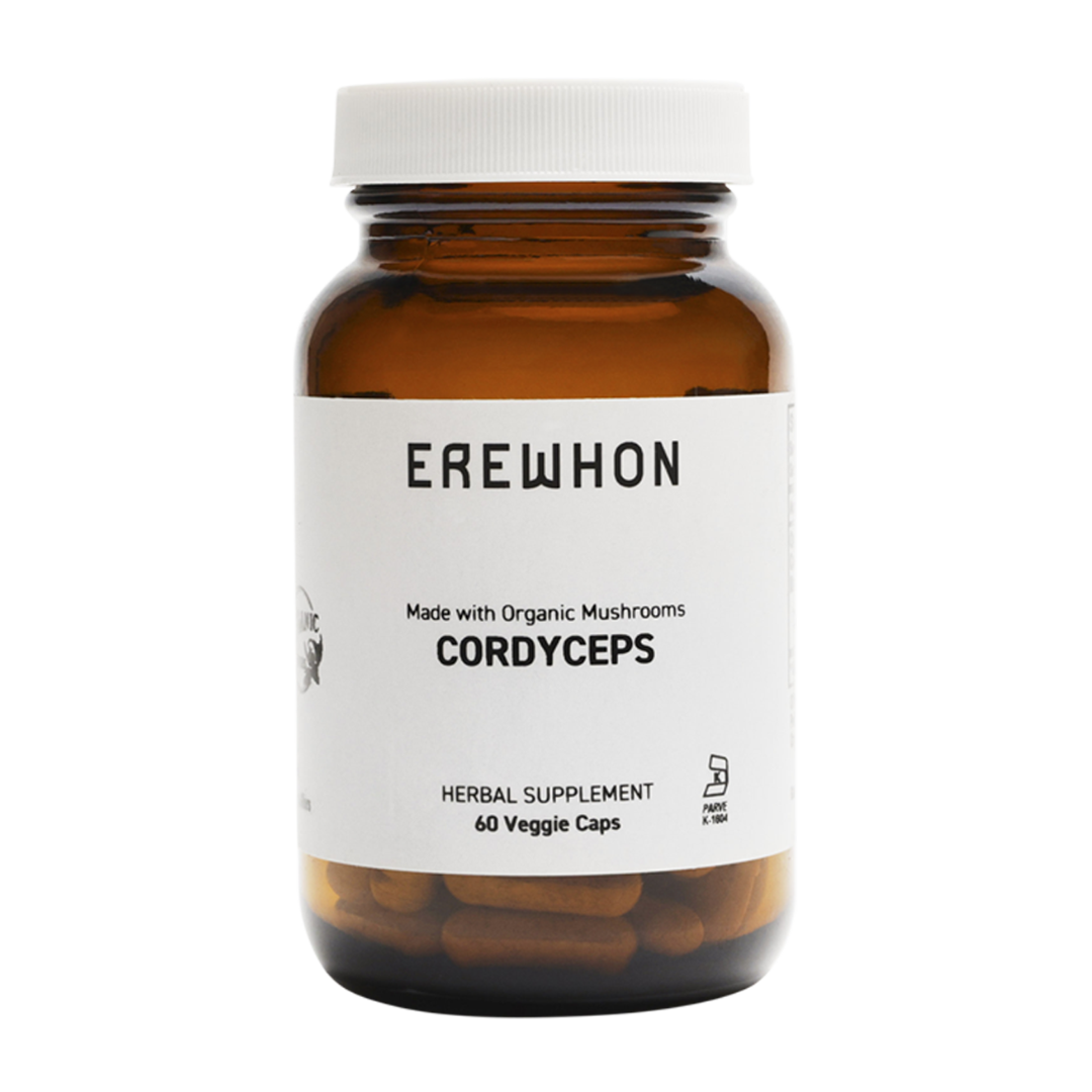 Erewhon Cordyceps supplement in organic pullulan capsules with organic brown rice for a unique wellness addition