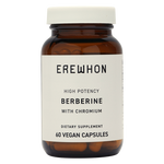A bottle of Erewhon High Potency Berberine with Chromium dietary supplement containing 60 vegan capsules.