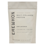 A package of Erewhon Multi Collagen Protein, sustainably sourced, unflavored, in a white bag with black and green text.
