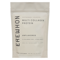 A package of Erewhon Multi Collagen Protein, sustainably sourced, unflavored, in a white bag with black and green text.