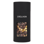 A sleek black canister of Erewhon Organic Pistachios Chocolate Toffee with a window showing the pistachios and chocolate pieces inside.
