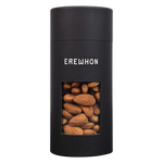 A black canister of Erewhon brand sprouted almonds, with a clear window showing the almonds inside.