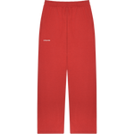 Red sweatpants with side seam pockets and an elastic waistband.