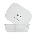Erewhon branded clear glass storage container with three sections, lid off, on a white background.