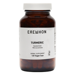 A bottle of Erewhon Turmeric supplement with 120 veggie caps.