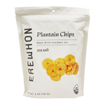 A package of Erewhon Organic Plantain Chips with sea salt. The packaging is white with the brand name and product description, and an image of the chips displayed on the front.