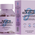 Lemme GLP-1 Daily capsules, with information on the product's purpose for managing cravings and weight.