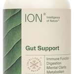 A bottle of ION Gut Support supplement, which is a natural and soil-derived product intended to strengthen the gut lining and support digestion.
