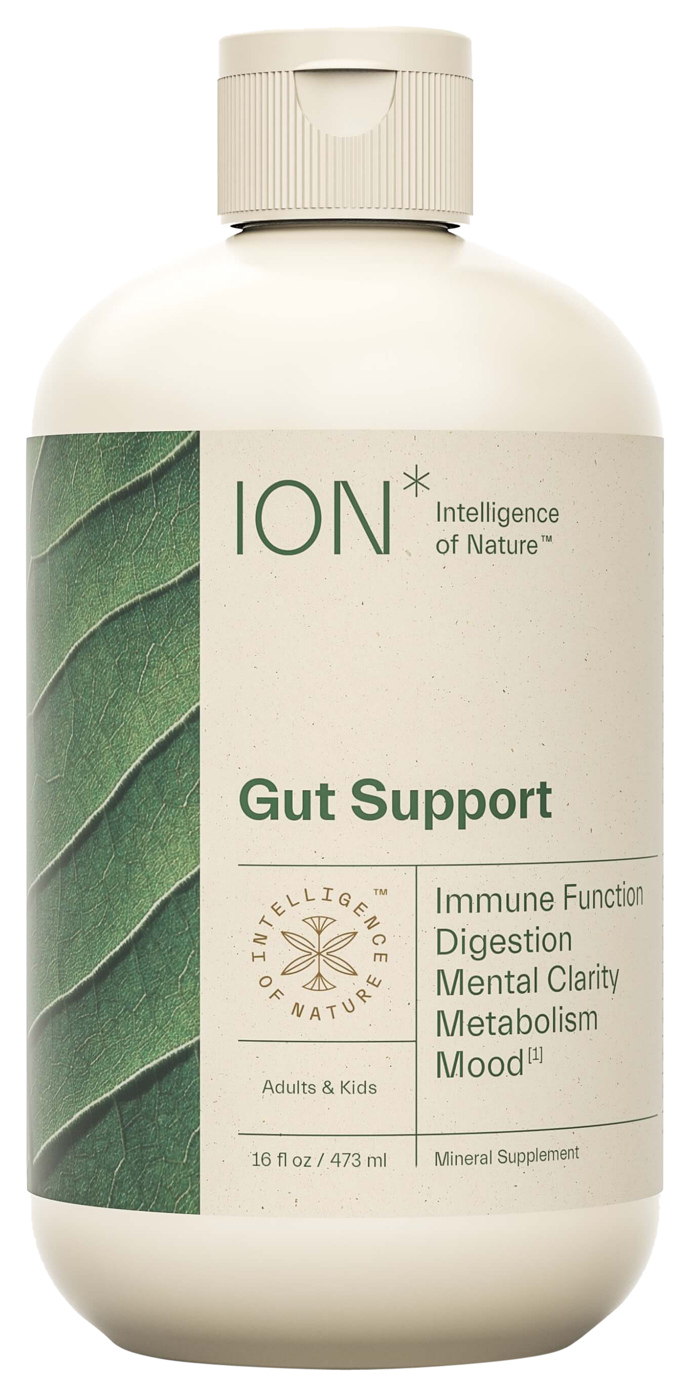 A bottle of ION Gut Support supplement, which is a natural and soil-derived product intended to strengthen the gut lining and support digestion.