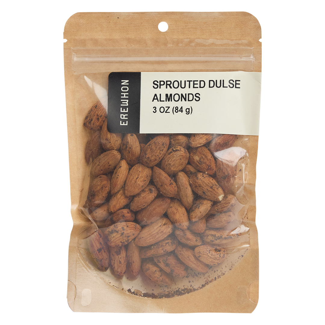 Package of sprouted dulse almonds with an Erewhon label on a white background