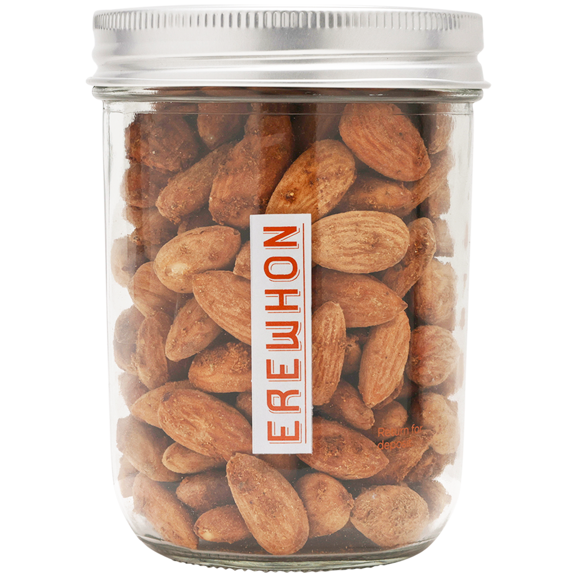 A glass mason jar filled with Erewhon sprouted chili lime flavored almonds, with a label displaying the brand name 'EREWHON'.