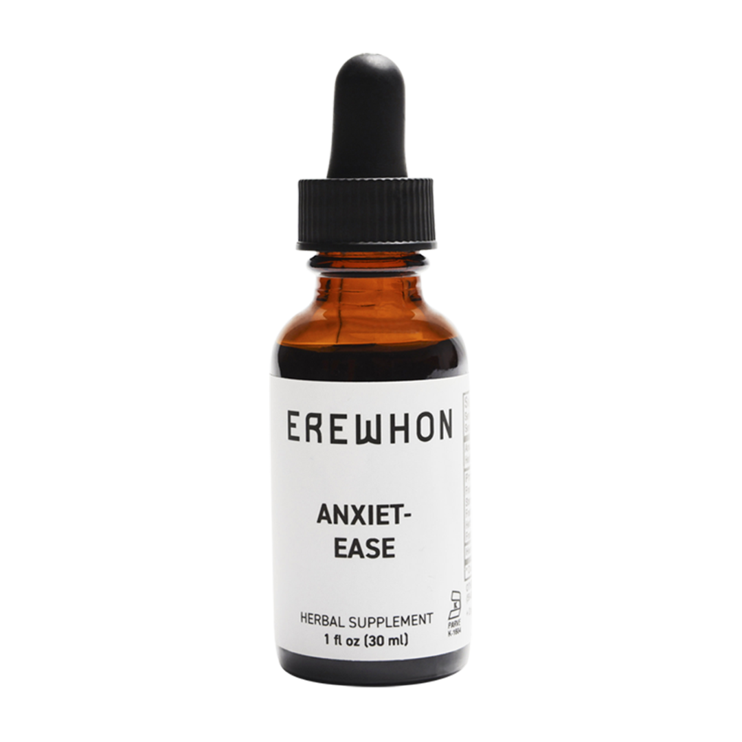 Erewhon Anxiet-Ease supplement bottle featuring a blend of organic and ethically wild harvested ingredients, grain alcohol, and deionized water
