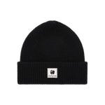 Erewhon black beanie with a white label featuring a clover design on a white background