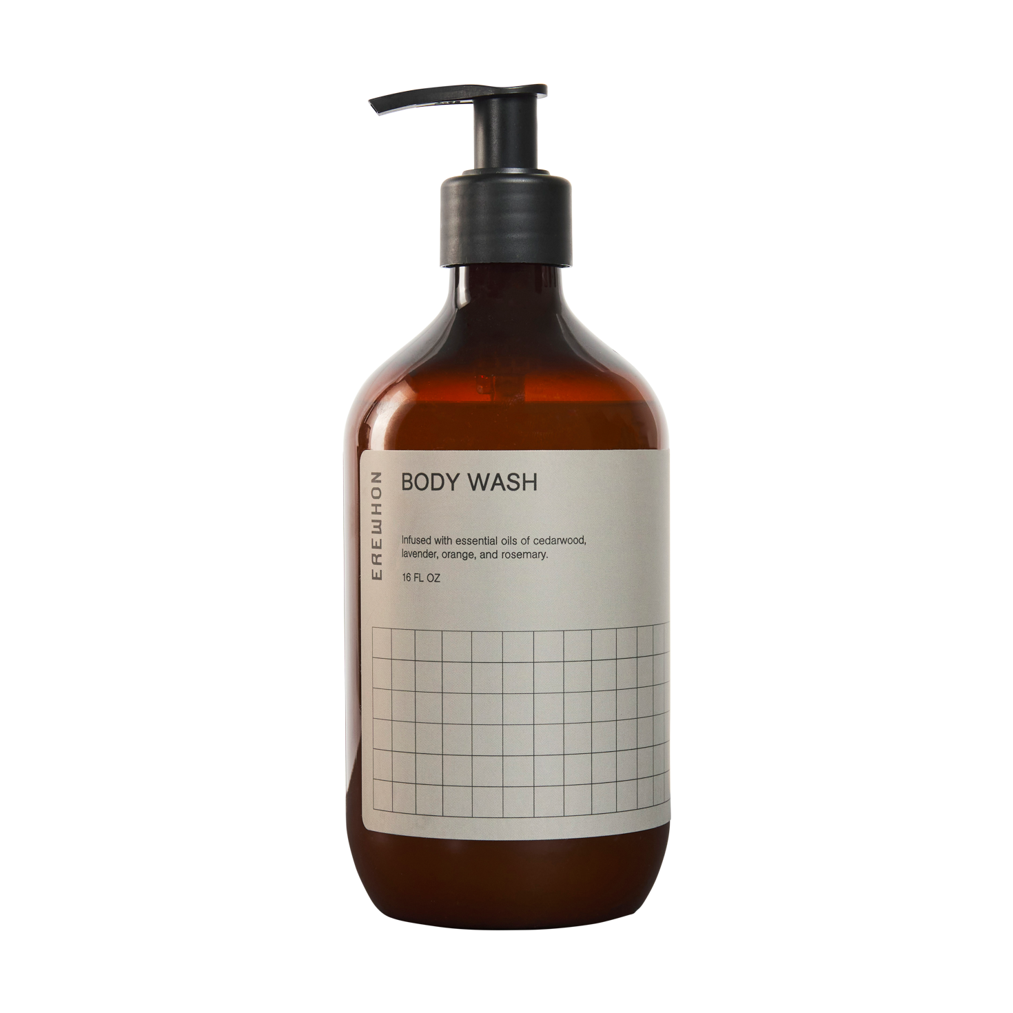 A bottle of Erewhon Body Wash with a pump dispenser. The label shows the brand name and the words 'BODY WASH' in bold, and a grid pattern.