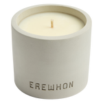 Erewhon Basil Green Leaves Candle in a concrete holder with 'Erewhon' branding on a white background