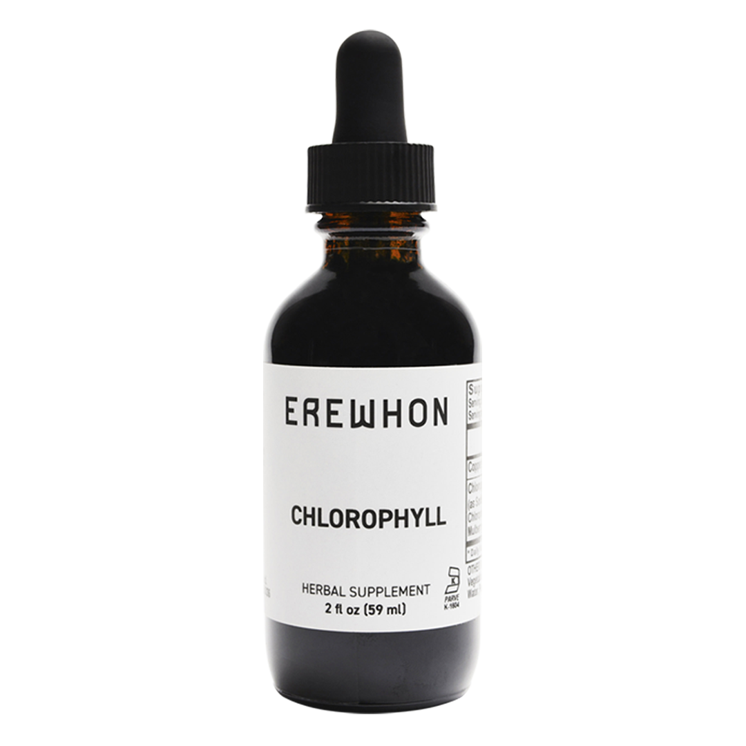 Glass bottle of Erewhon Chlorophyll—peppermint-flavored liquid supplement made from mulberry leaf and copper, designed for clean, plant-based daily support