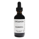 Glass bottle of Erewhon Chlorophyll—peppermint-flavored liquid supplement made from mulberry leaf and copper, designed for clean, plant-based daily support