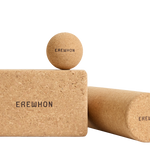 Erewhon Cork yoga block, Erewhon Yoga roller, and Erewhon Yoga Ball