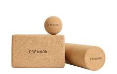 Erewhon Cork yoga block, Erewhon Yoga roller, and Erewhon Yoga Ball