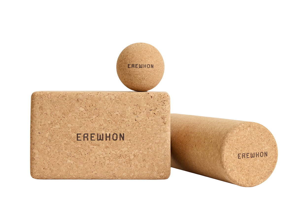 Erewhon Cork yoga block, Erewhon Yoga roller, and Erewhon Yoga Ball