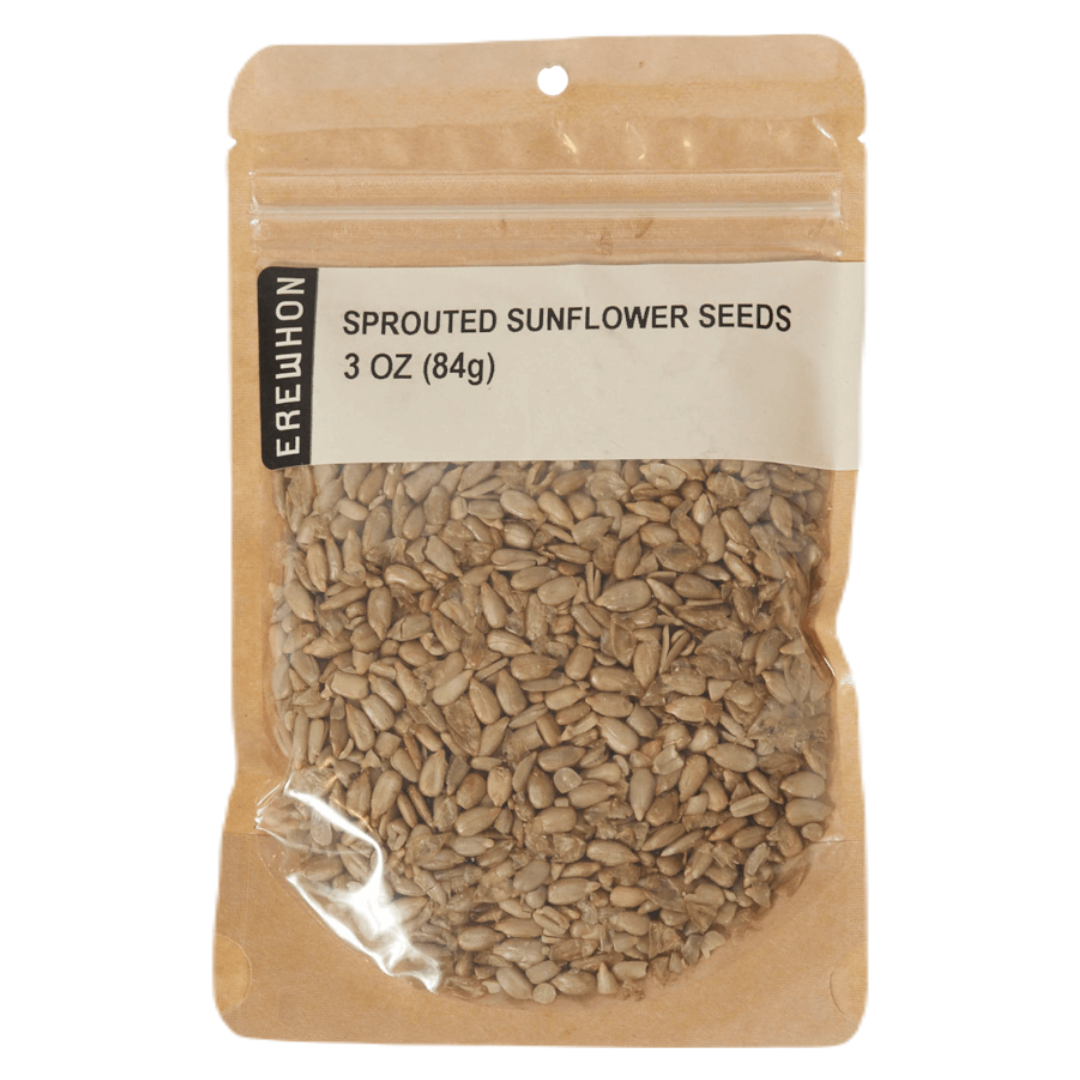 Package of Erewhon sprouted sunflower seeds with a visible Erewhon brand label on a white background