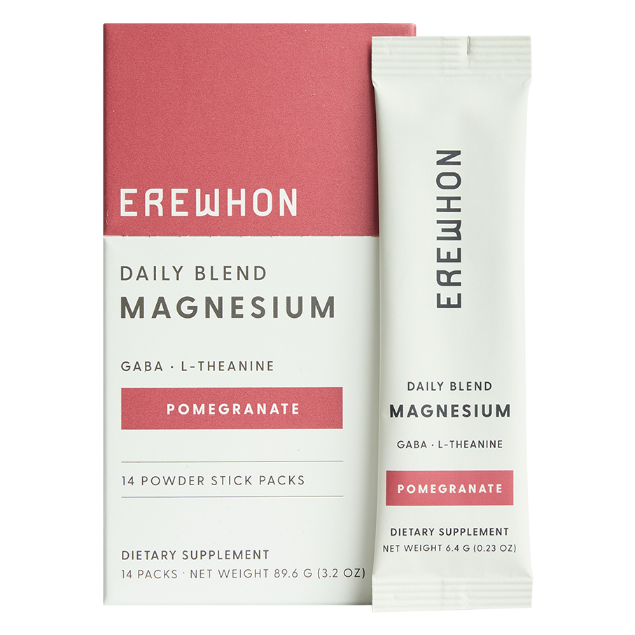 Erewhon Magnesium Daily Blend powder stick packs with sweet cherry flavor, indicating vegan, sugar-free, non-GMO, and organic monk fruit sweetened