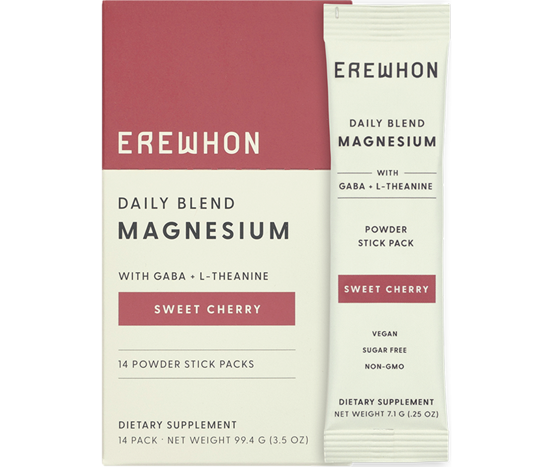 Erewhon Magnesium Daily Blend powder stick packs with sweet cherry flavor, indicating vegan, sugar-free, non-GMO, and organic monk fruit sweetened