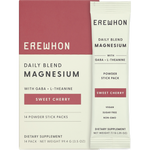 Erewhon Magnesium Daily Blend powder stick packs with sweet cherry flavor, indicating vegan, sugar-free, non-GMO, and organic monk fruit sweetened