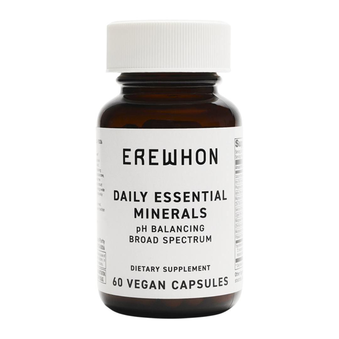 Erewhon Daily Essential Minerals vegan supplement with calcium, magnesium, iron, and 72 trace minerals for daily health, energy, and hydration support.