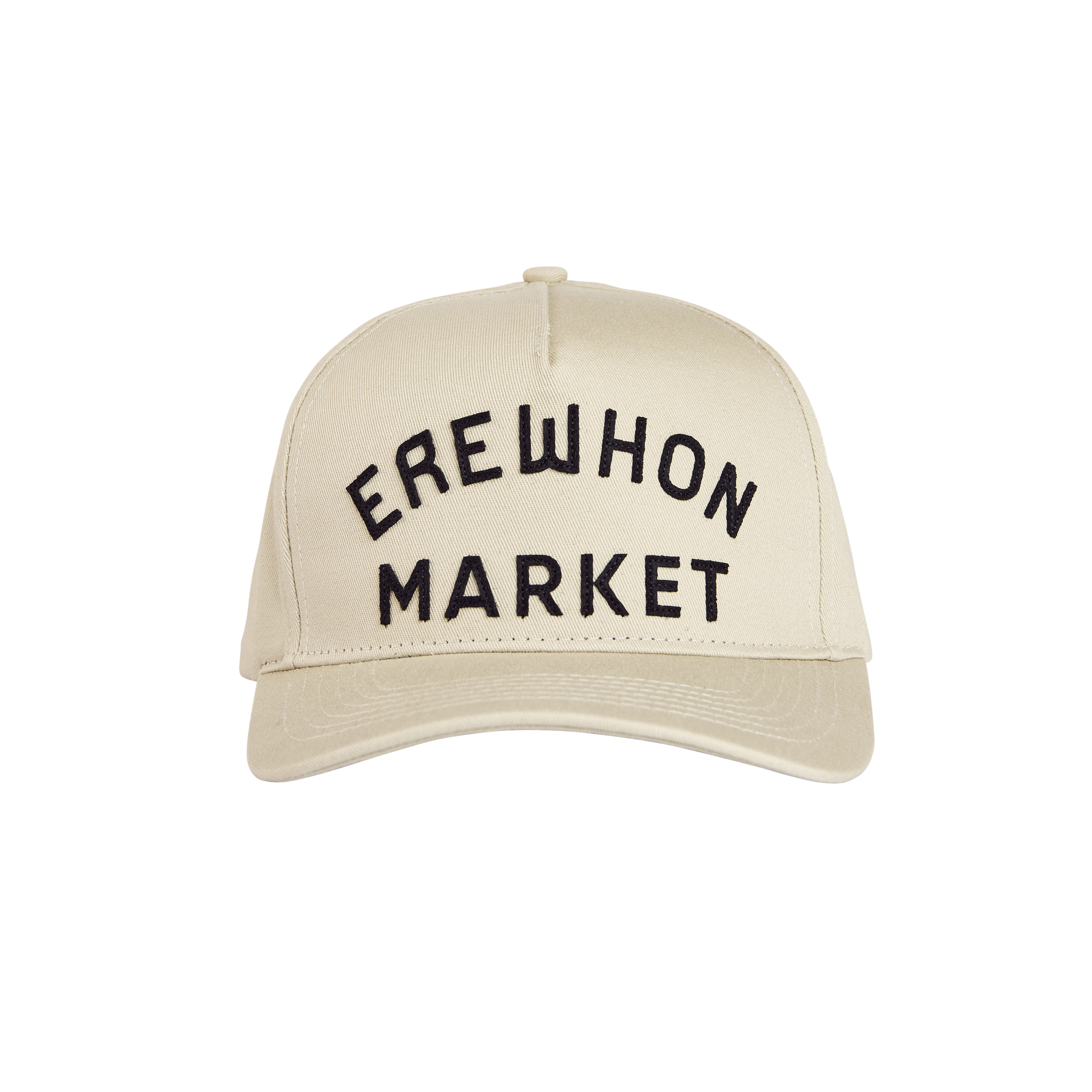 A cream-colored baseball cap with 'EREWHON MARKET' text embroidered on the front.