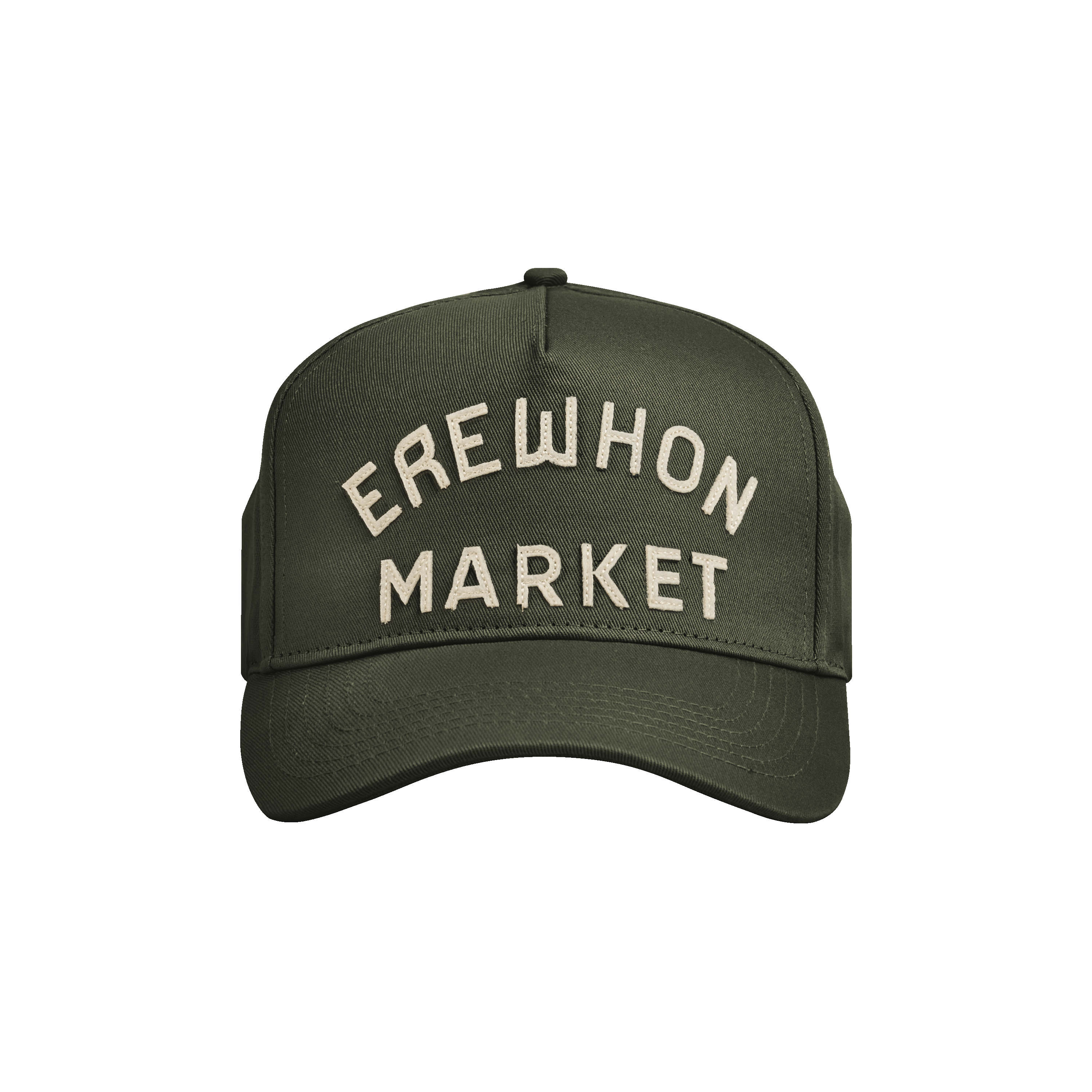 An olive green baseball cap with 'EREWHON MARKET' written in white letters on the front.