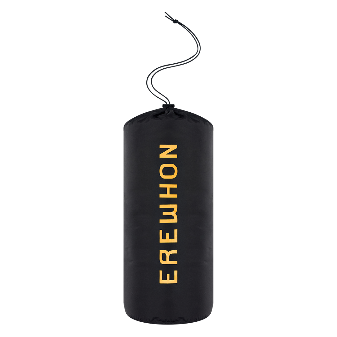 Black inflatable bag with 'Erewhon' branding on a white background