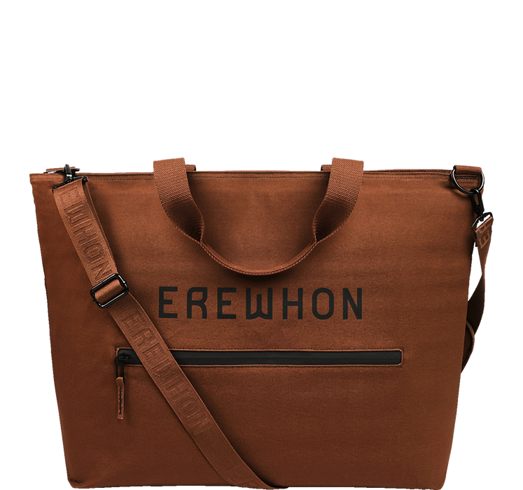 Brown cooler bag with 'EREWHON' branding on a white background