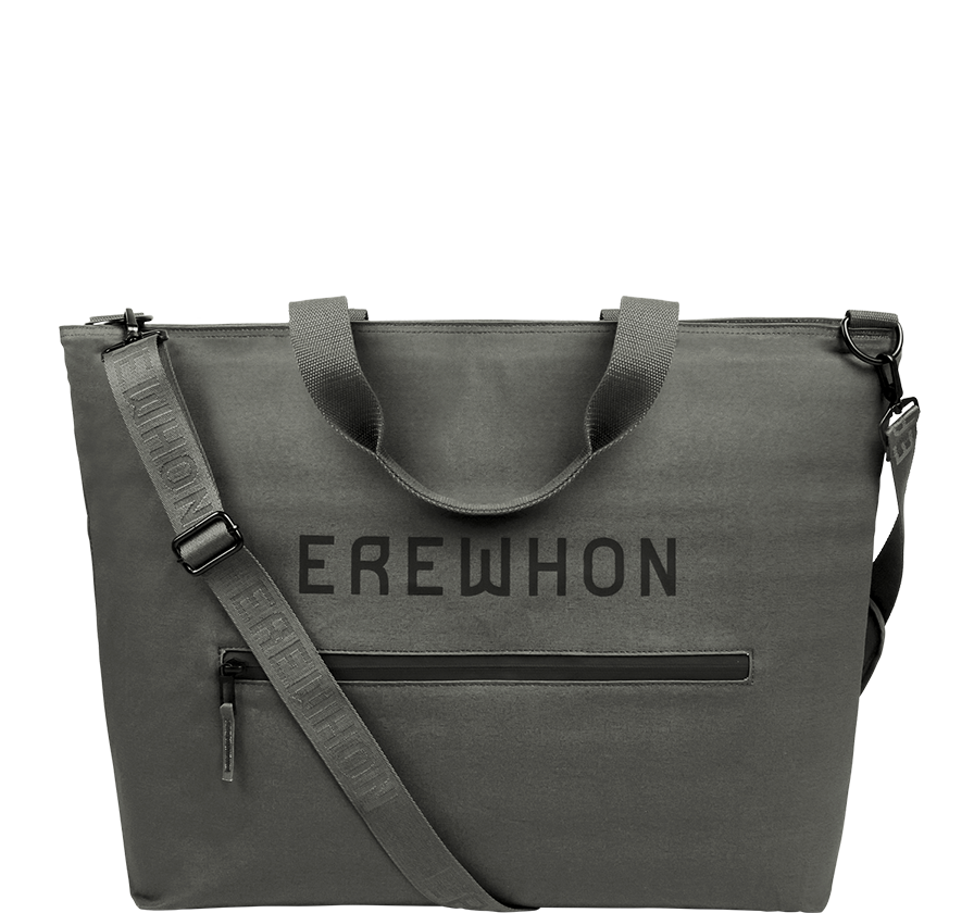 Gray cooler bag with 'EREWHON' branding on a white background