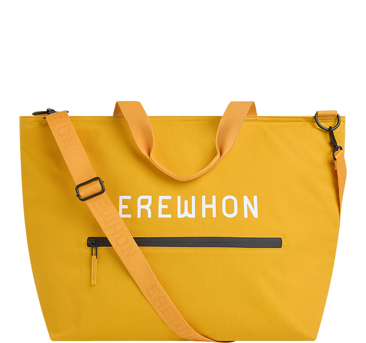 Yellow cooler bag with 'EREWHON' branding on a white background