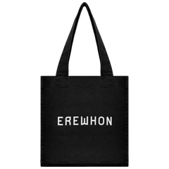 Black Erewhon tote bag with the brand name 'EREWHON' printed in white on the front.