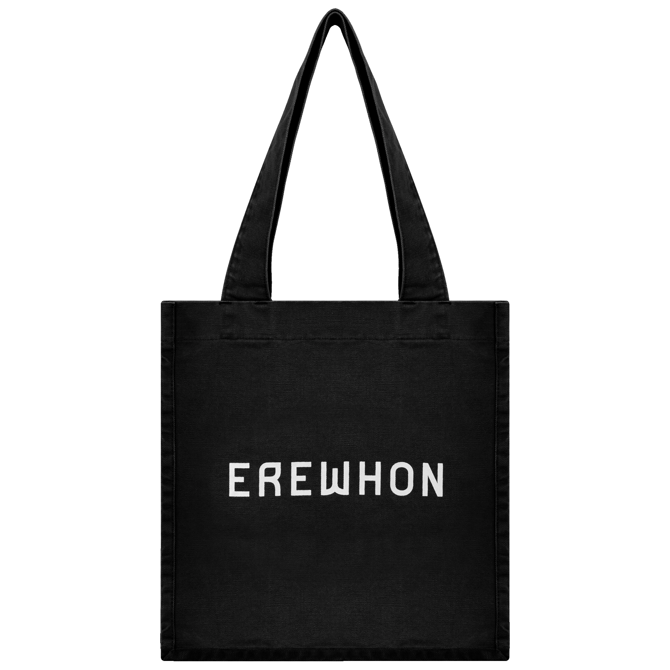 Black Erewhon tote bag with the brand name 'EREWHON' printed in white on the front.