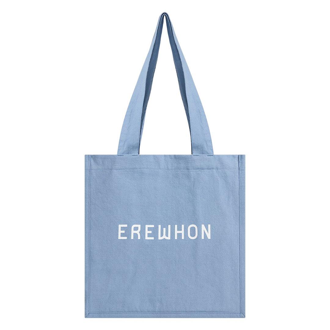 Manhattan Beach Blue tote bag with 'EREWHON' text on a white background