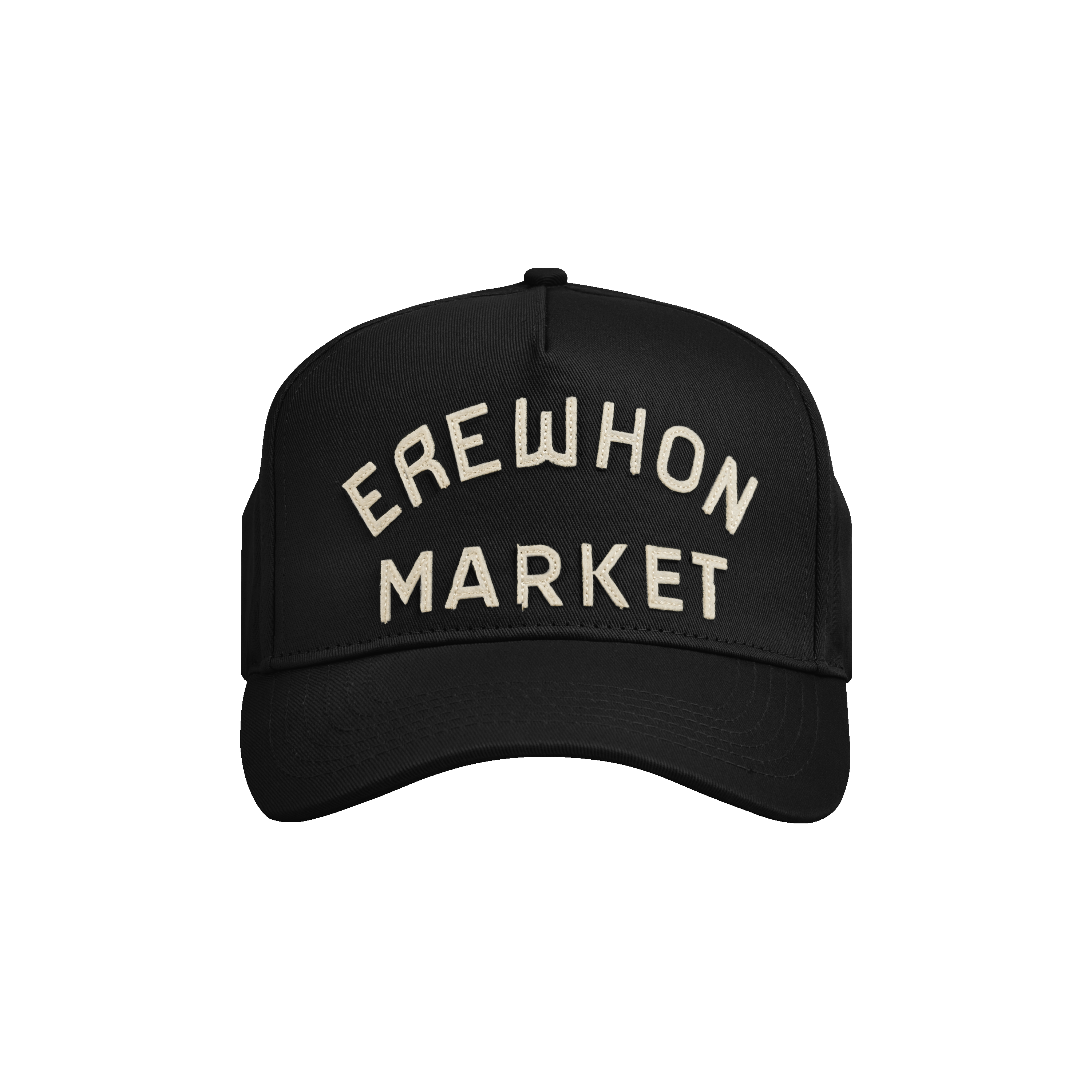 Black Trucker Hat with 'EREWHON MARKET' text embroidered on the front.