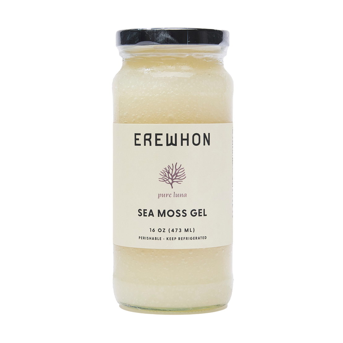 A jar of Erewhon Pure Luna Sea Moss Gel, with a white label that includes the brand name and product description.
