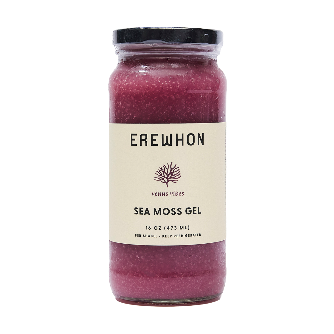 A jar of Erewhon Sea Moss Gel with a label that reads 'Erewhon', 'Venus Vibes', and '16 oz (473 ml)'.