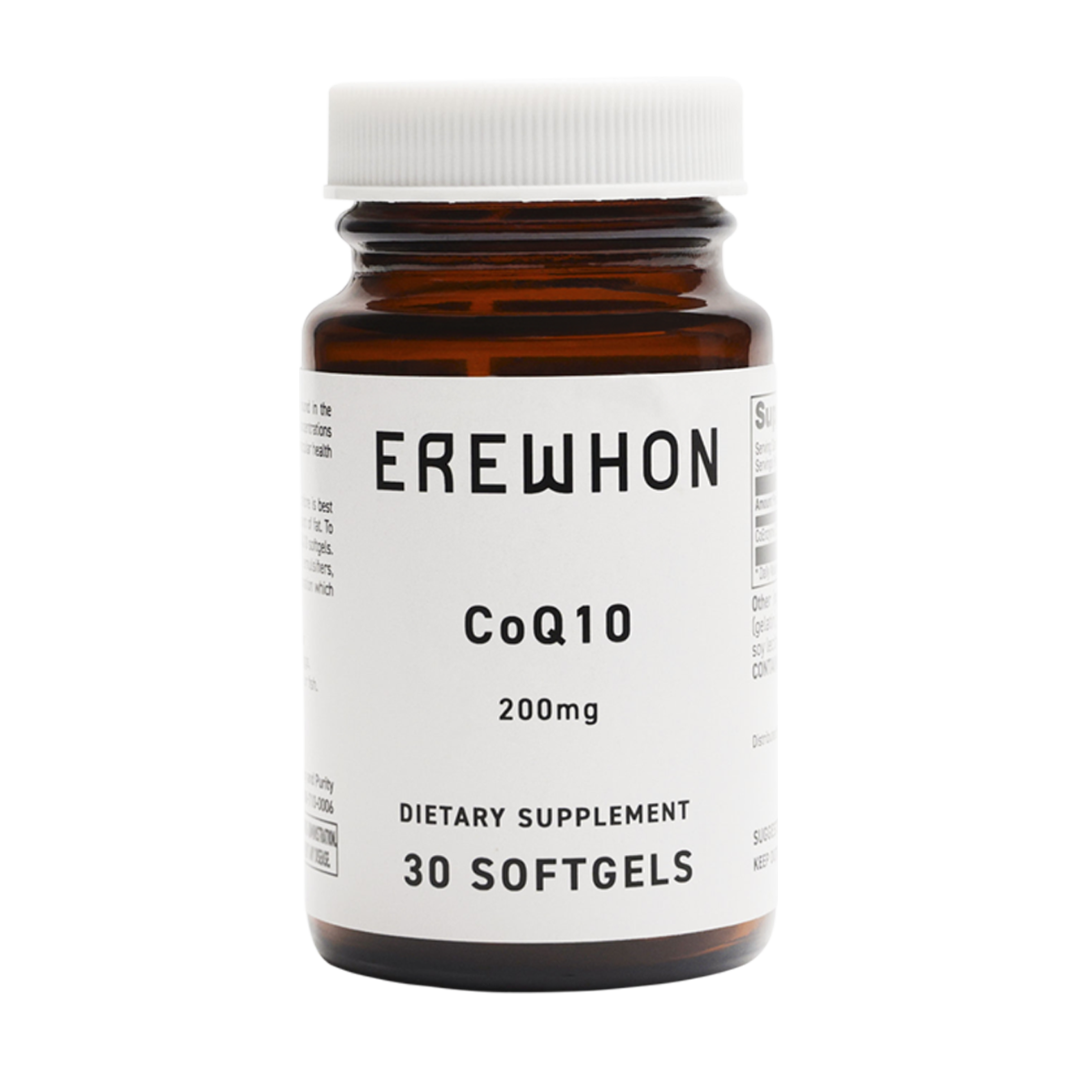 Erewhon CoQ 200mg: Co-enzyme Q-10 soft gels with safflower oil, beeswax, and soy lecithin. Gluten-free.