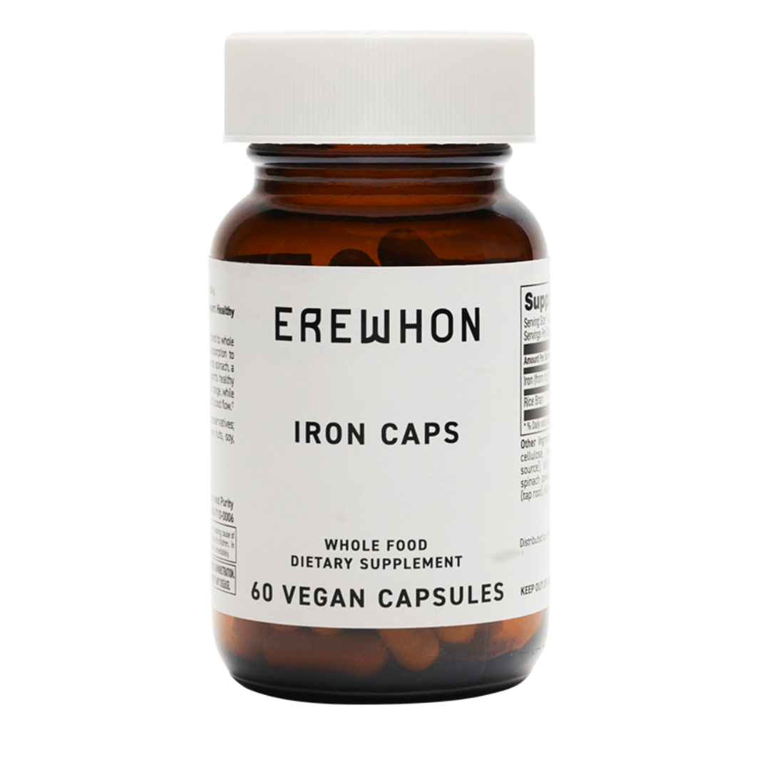 Erewhon Iron Supplement: Iron-rich rice chelate with spinach, tomato, carrot, and kale, plant-based mineral tablets in cellulose coating