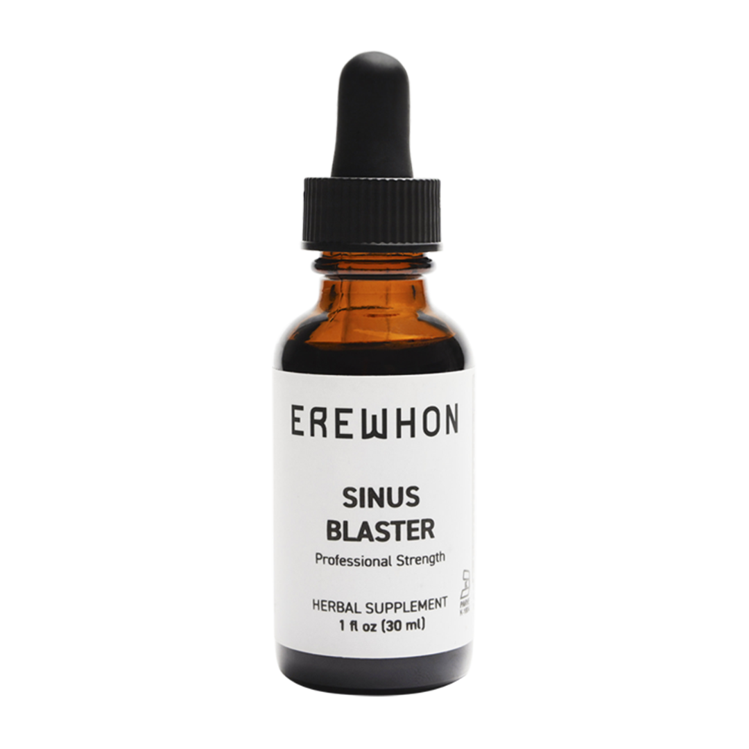 Erewhon Sinus Blaster supplement for sinus health, containing grain alcohol, deionized water, vegetable glycerin, and organic honey