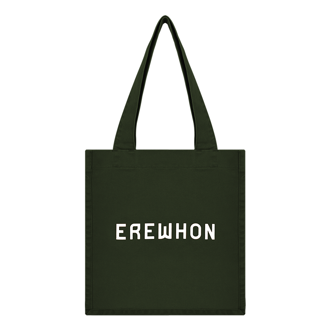 Tote bag with 'EREWHON' text on a white background