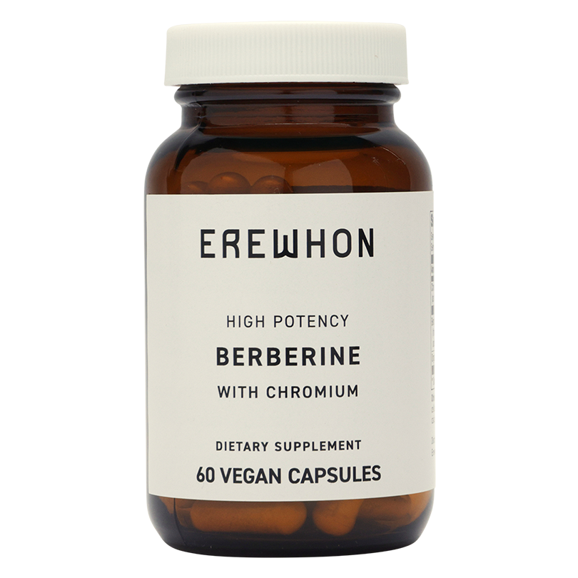 A bottle of Erewhon High Potency Berberine with Chromium dietary supplement containing 60 vegan capsules.